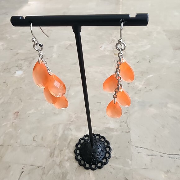 Orange Faceted Beads on Silver Chain Dangle Earrings - Picture 4 of 5